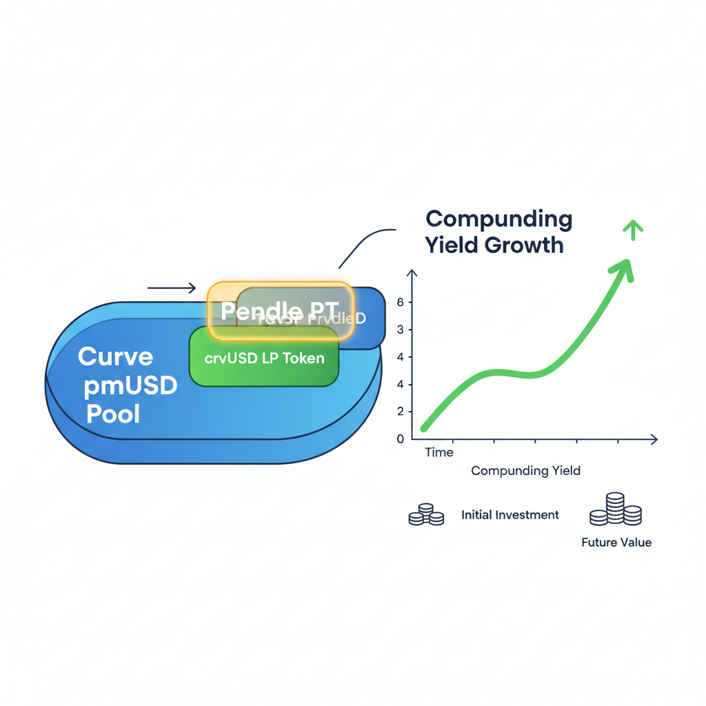 Curve pmUSD crvUSD pool with Pendle PT overlay, compounding yield graph rising