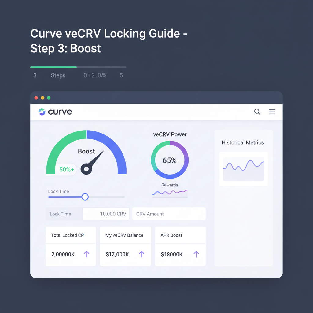 Curve veCRV locking interface with boost gauge over 50%, dashboard metrics chart