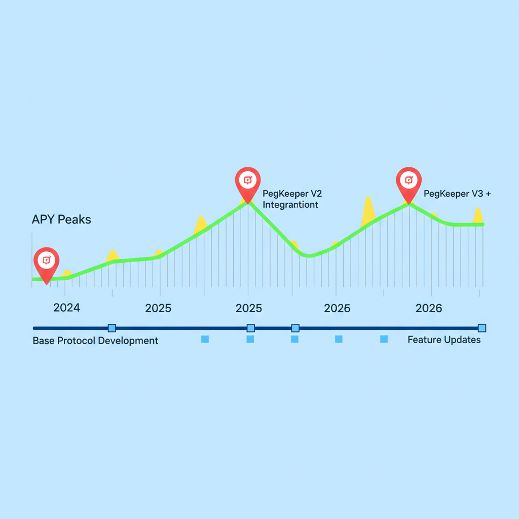 Curve Finance timeline chart 2026 weeks, APY peaks and PegKeeper integration markers