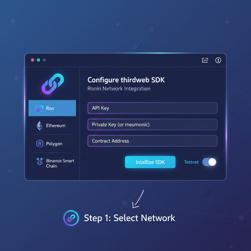 sleek developer dashboard configuring thirdweb SDK on Ronin Network, glowing chain icons, futuristic UI