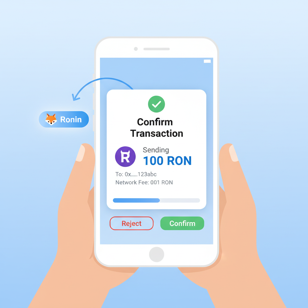 mobile wallet app sending RON transaction on Ronin, network switch animation, confirmation popup