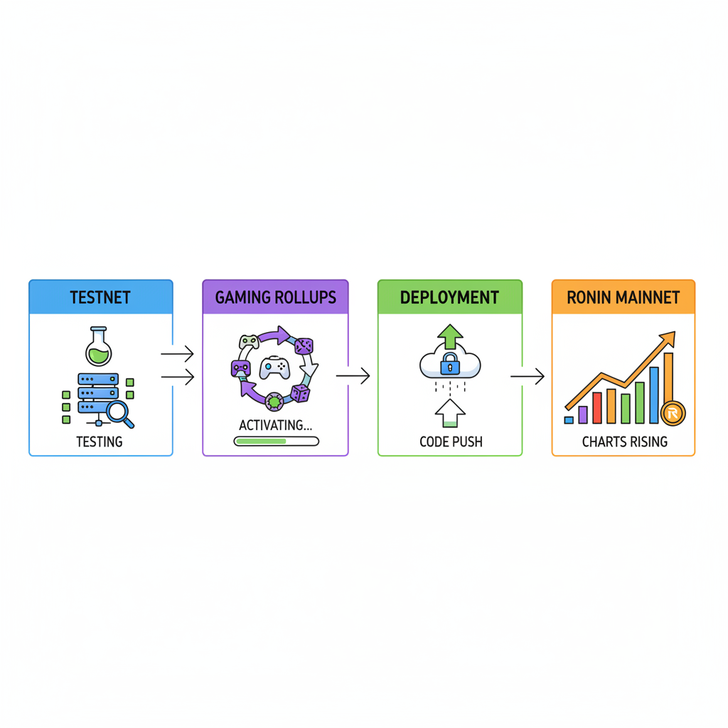 full deployment pipeline from testnet to Ronin mainnet, gaming rollups activating, charts rising