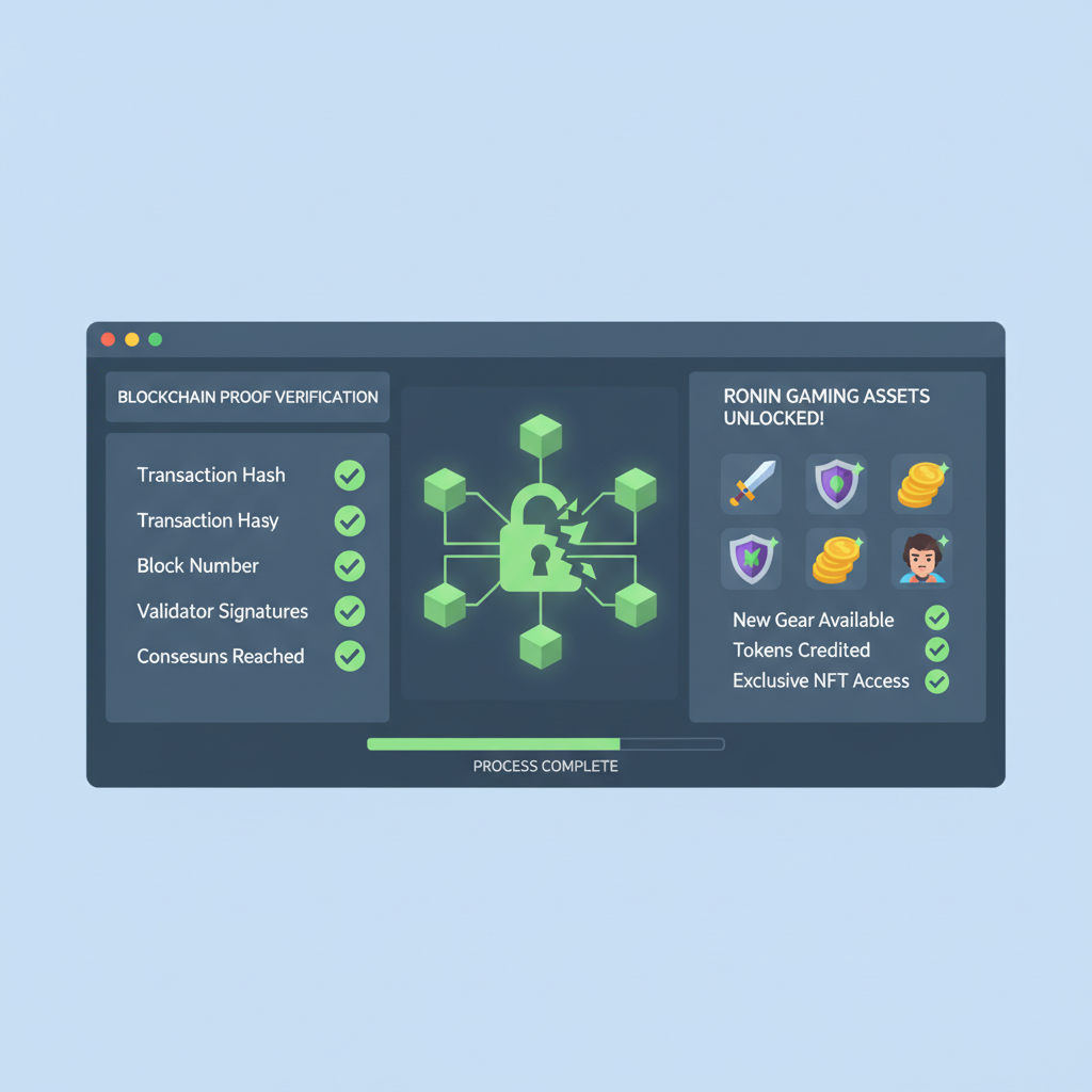 server console verifying blockchain proof, green checkmarks, Ronin gaming assets unlocking