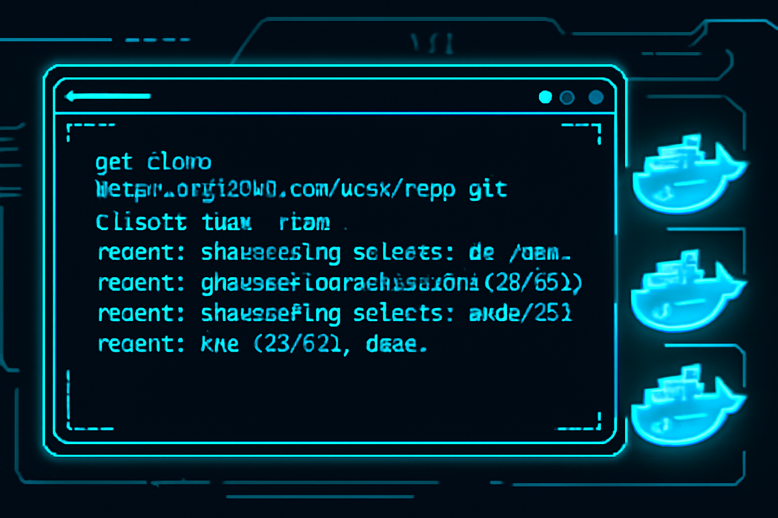 cyberpunk terminal screen cloning GitHub repo, Docker containers glowing blue, futuristic UI