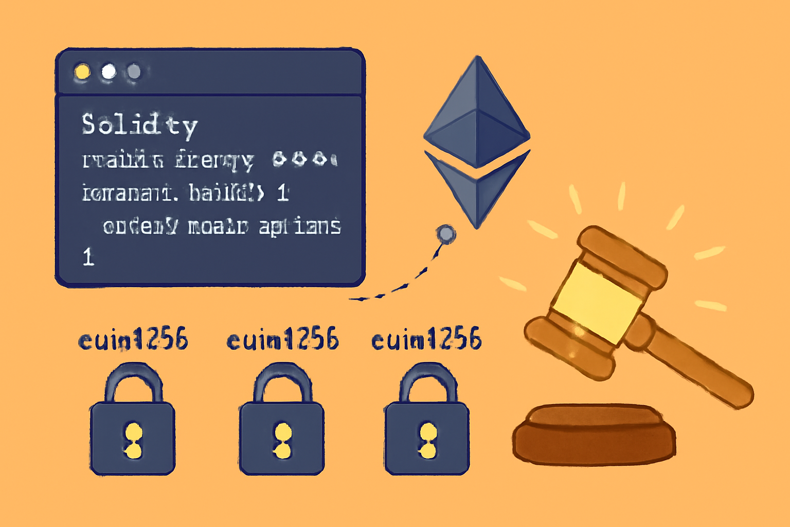 Solidity code compiling into Ethereum blockchain with encrypted euint256 locks and auction hammer glowing