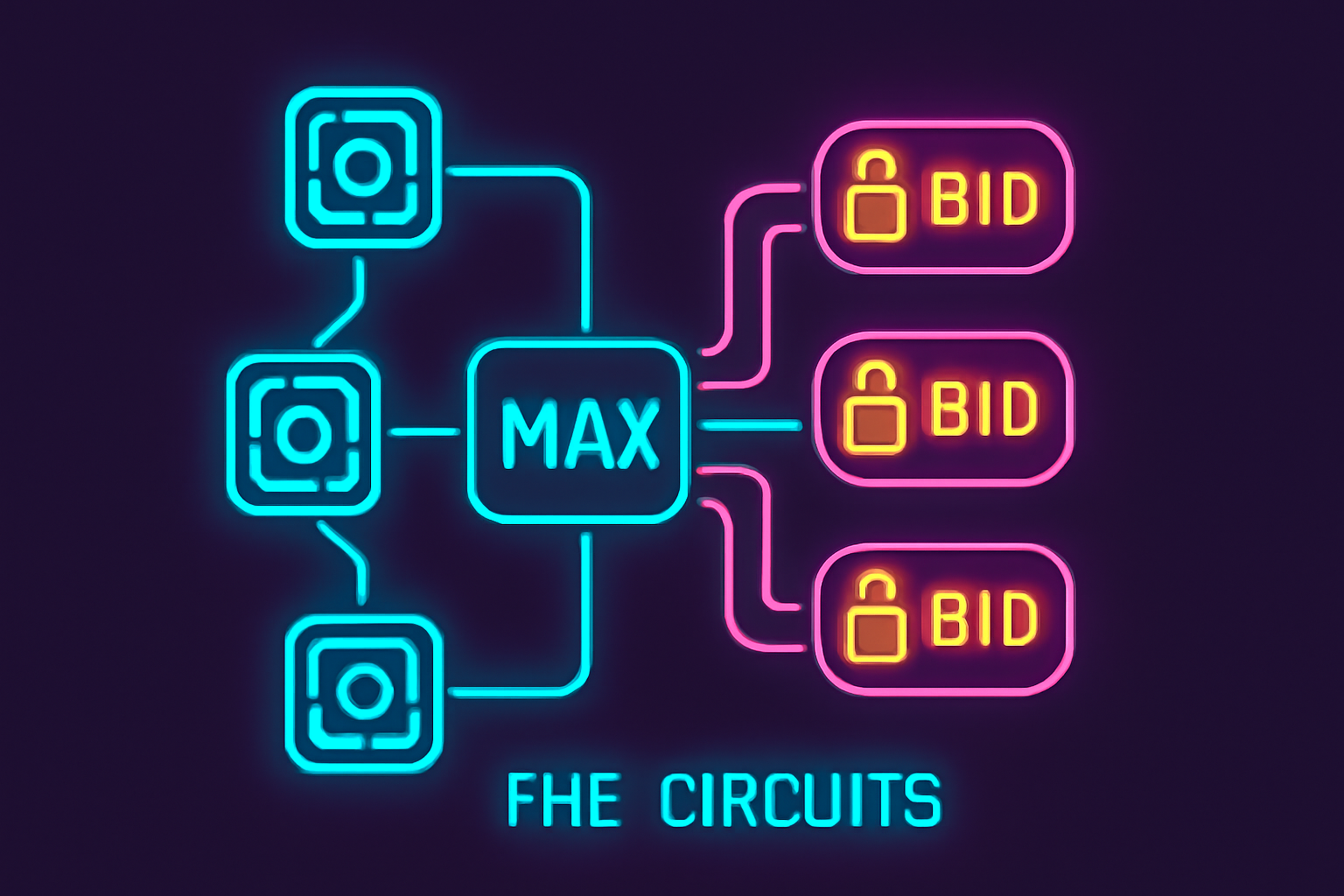 neon blockchain nodes computing max on glowing encrypted bids, abstract FHE circuits pulsing