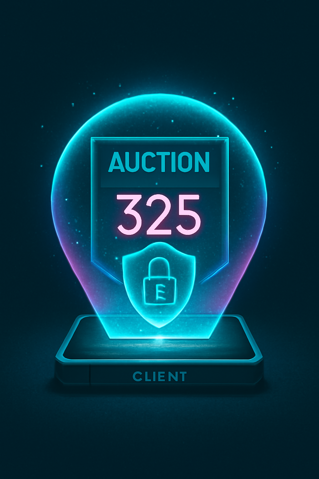holographic client device encrypting glowing auction bid numbers with shimmering FHE shield, cyberpunk style