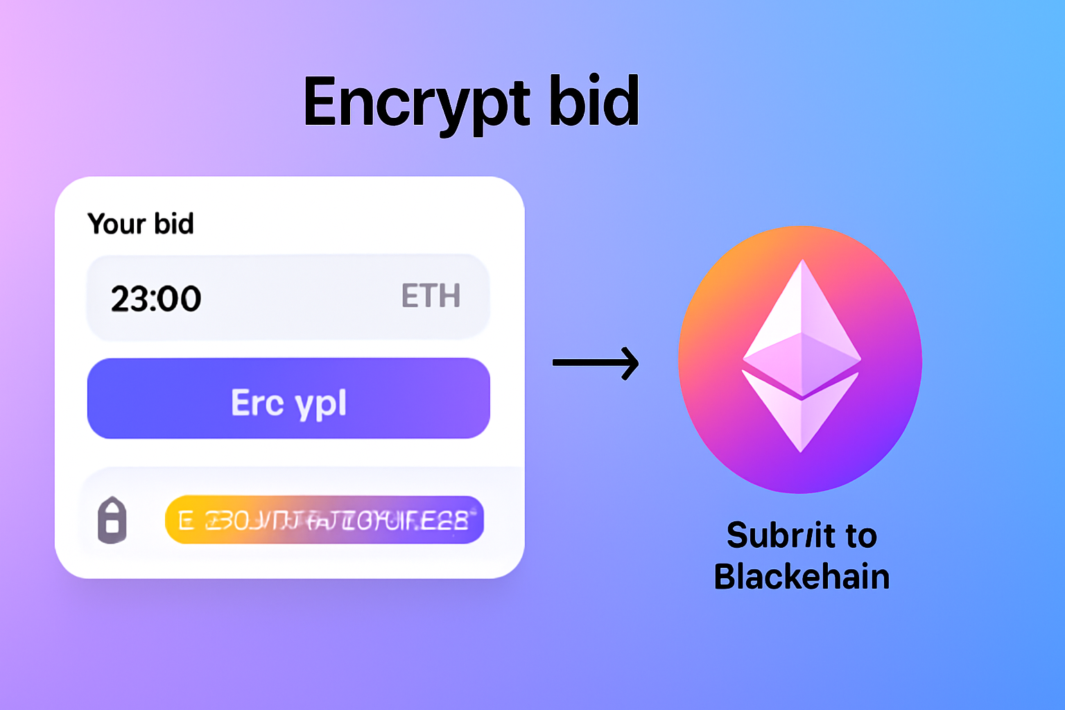 sleek web UI encrypting bids into shimmering ciphertext, Ethereum tx flying to chain, vibrant gradients