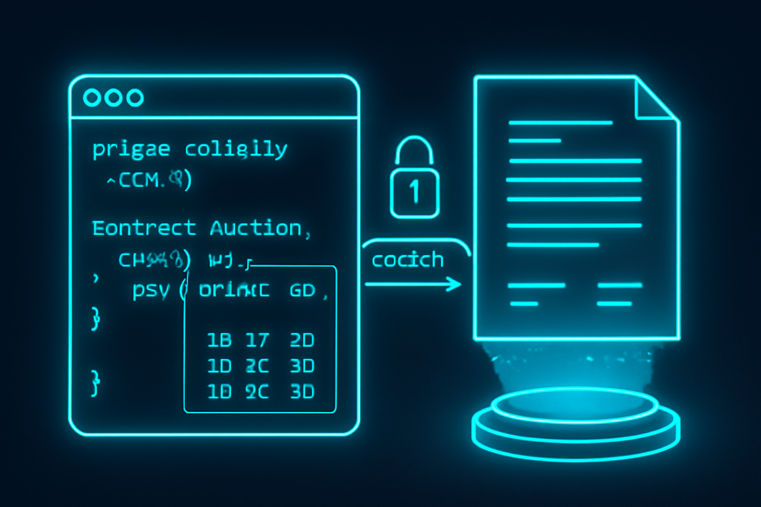 glowing Solidity code editor, encrypted uint bids array, futuristic holographic contract deploying