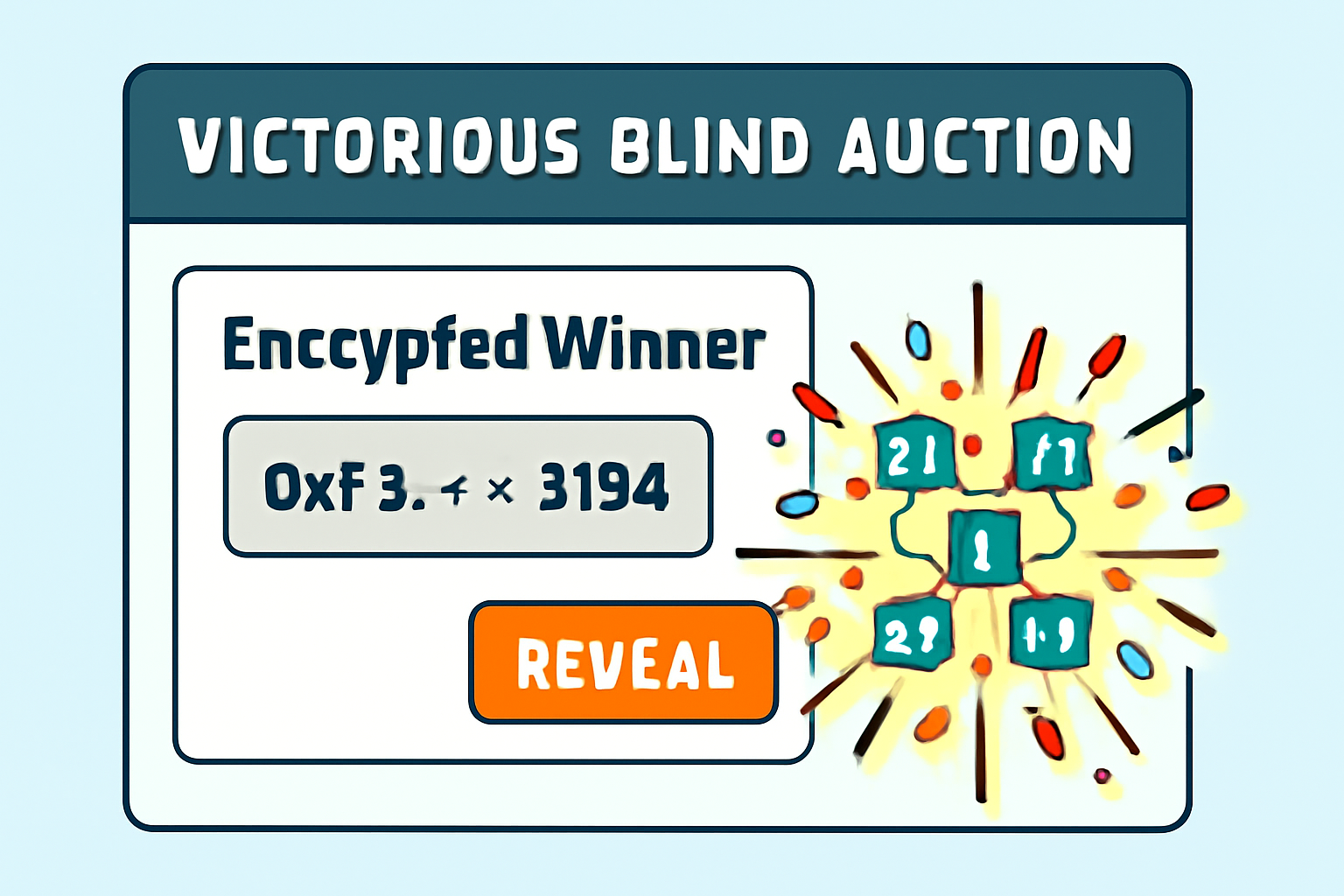 victorious blind auction dashboard revealing encrypted winner, confetti blockchain explosion, innovative glow