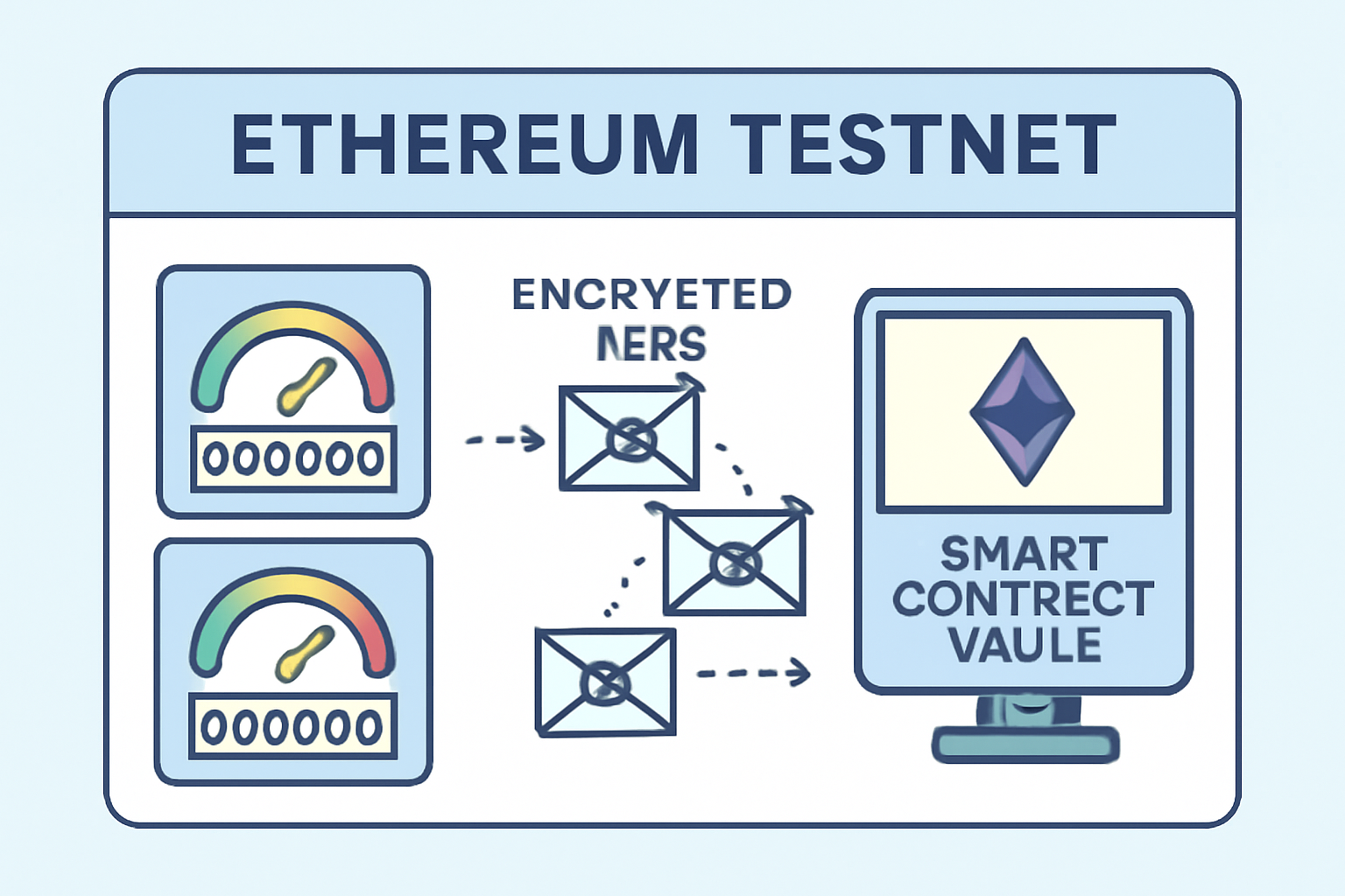 local Ethereum testnet dashboard showing gas meters at 200k, encrypted bids flowing into smart contract vault
