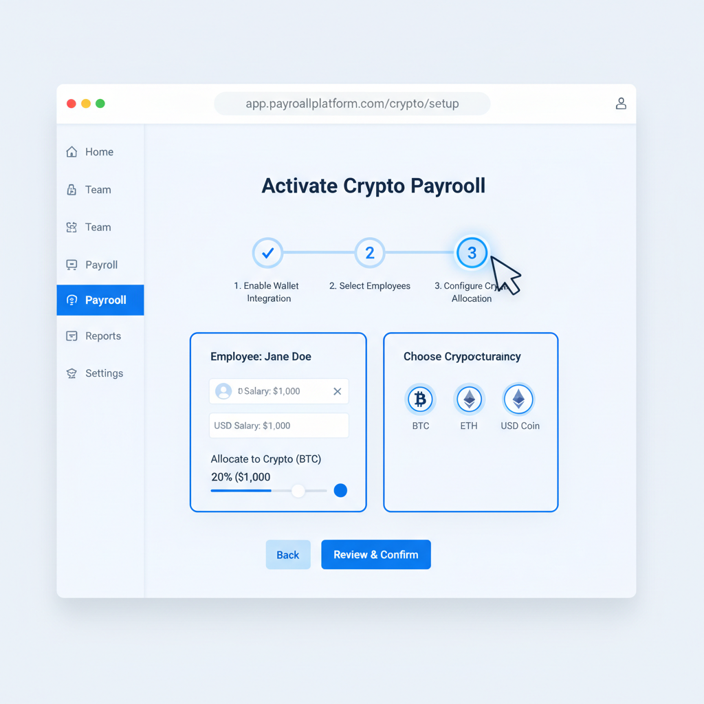 clean screenshot of Gusto or Deel employer dashboard activating crypto payroll, modern UI, blue tones