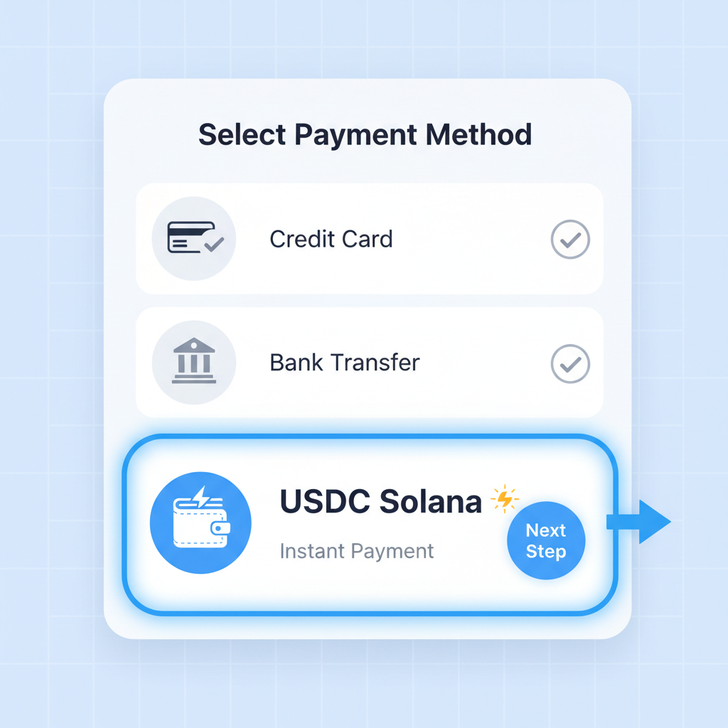 Gusto payment method selector highlighting USDC Solana option, icons of wallet and lightning bolt