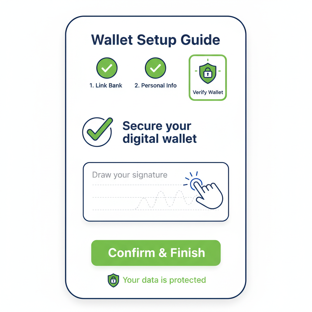 wallet verification screen in payroll app, signature prompt, secure lock icon, green checkmarks