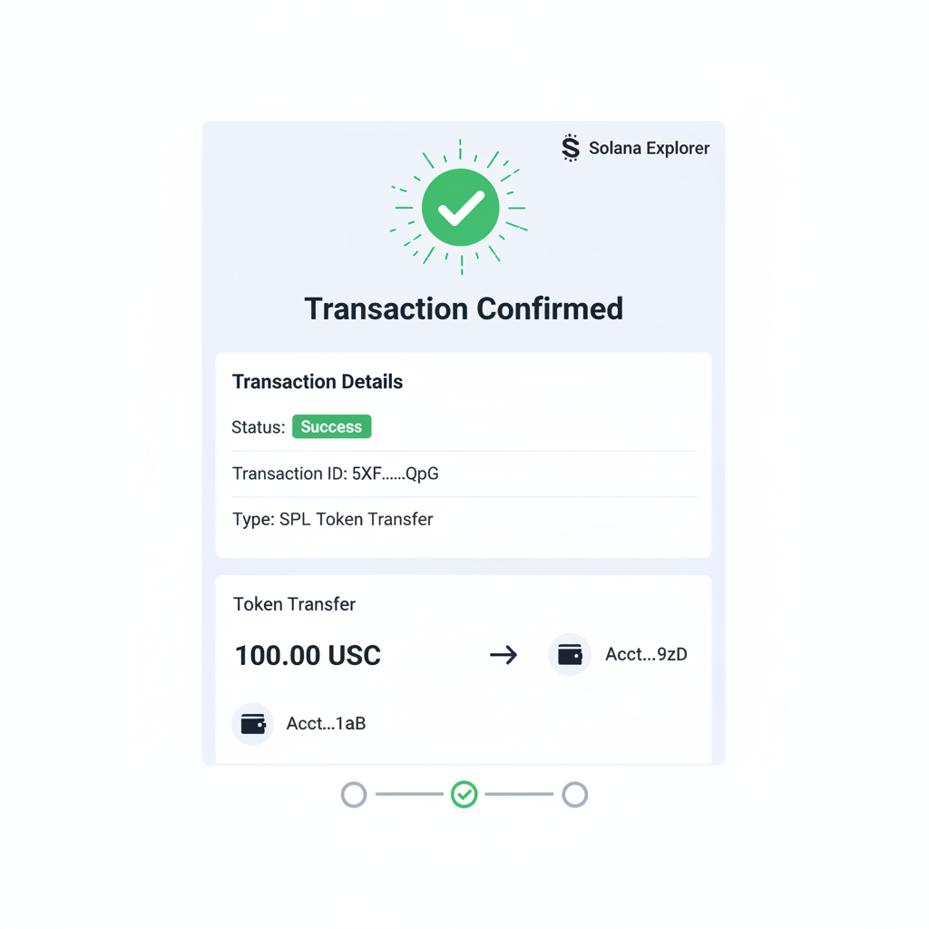 test transaction confirmation on Solana explorer, USDC transfer details, success animation