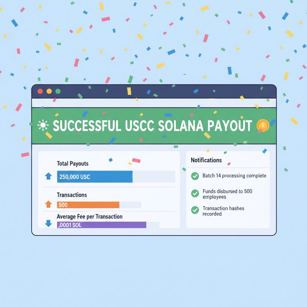 payroll dashboard showing successful USDC Solana payout, charts and notifications, celebratory confetti