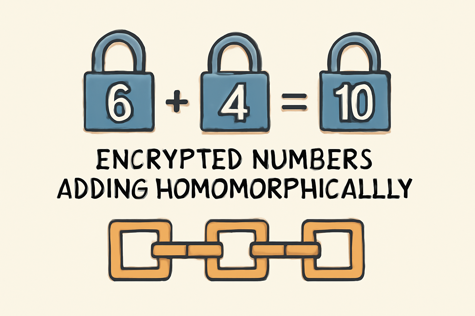 encrypted numbers adding homomorphically, math symbols on blockchain