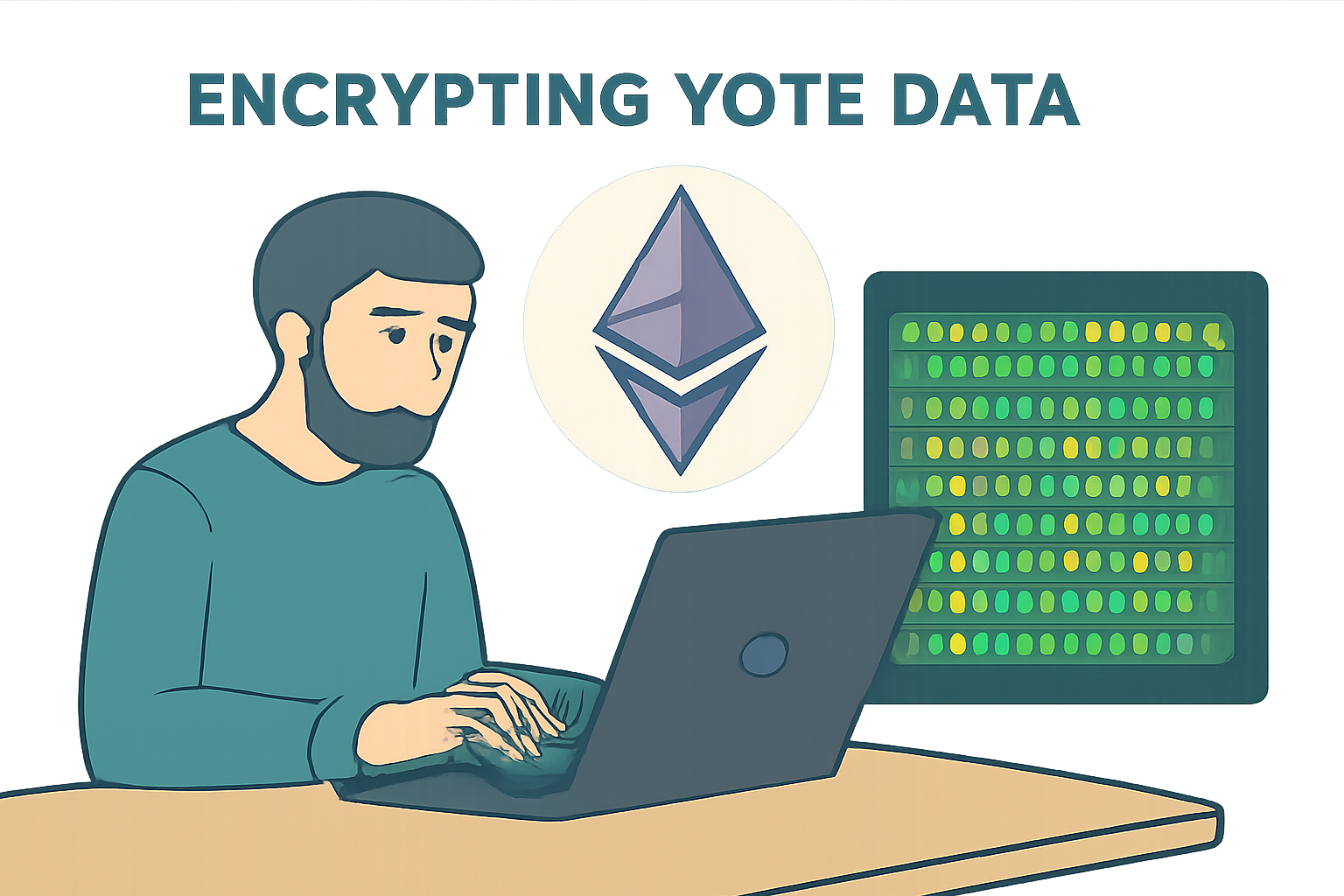 user encrypting vote data into glowing ciphertext, Ethereum logo