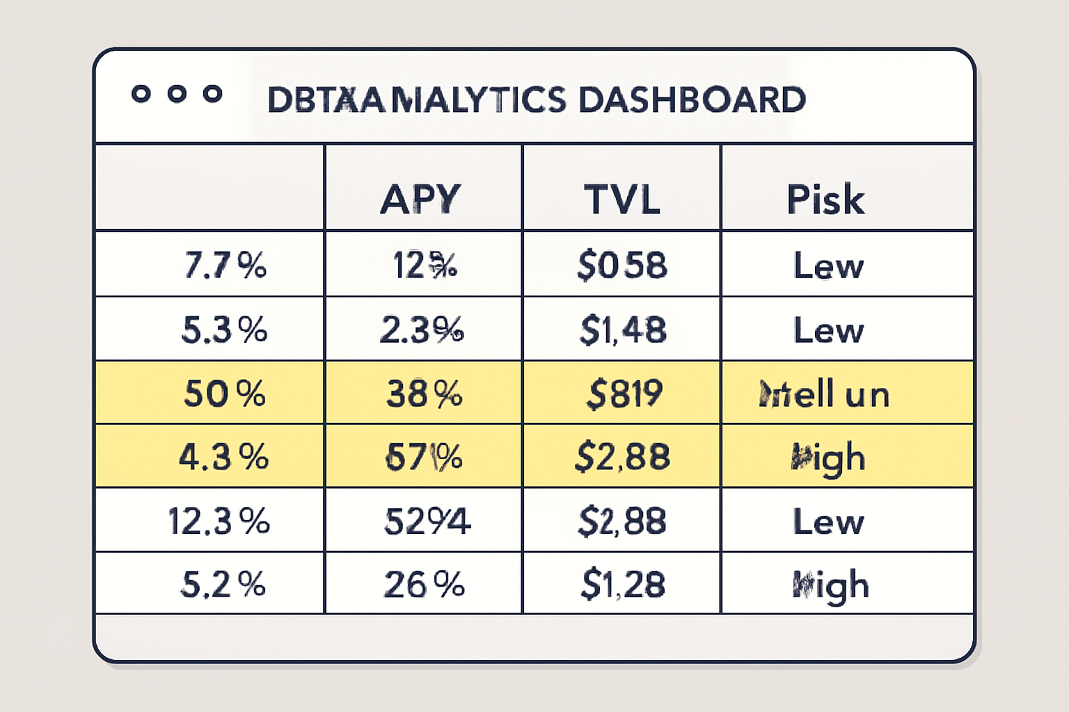 a data analytics dashboard comparing APY, TVL, and risk metrics for multiple DeFi pools, with highlighted stablecoin pools
