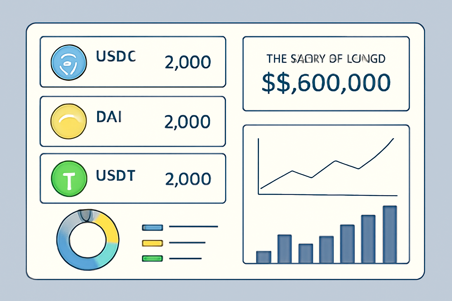 a digital dashboard displaying various stablecoins (USDC, DAI, USDT) and DAO treasury statistics, with charts and graphs