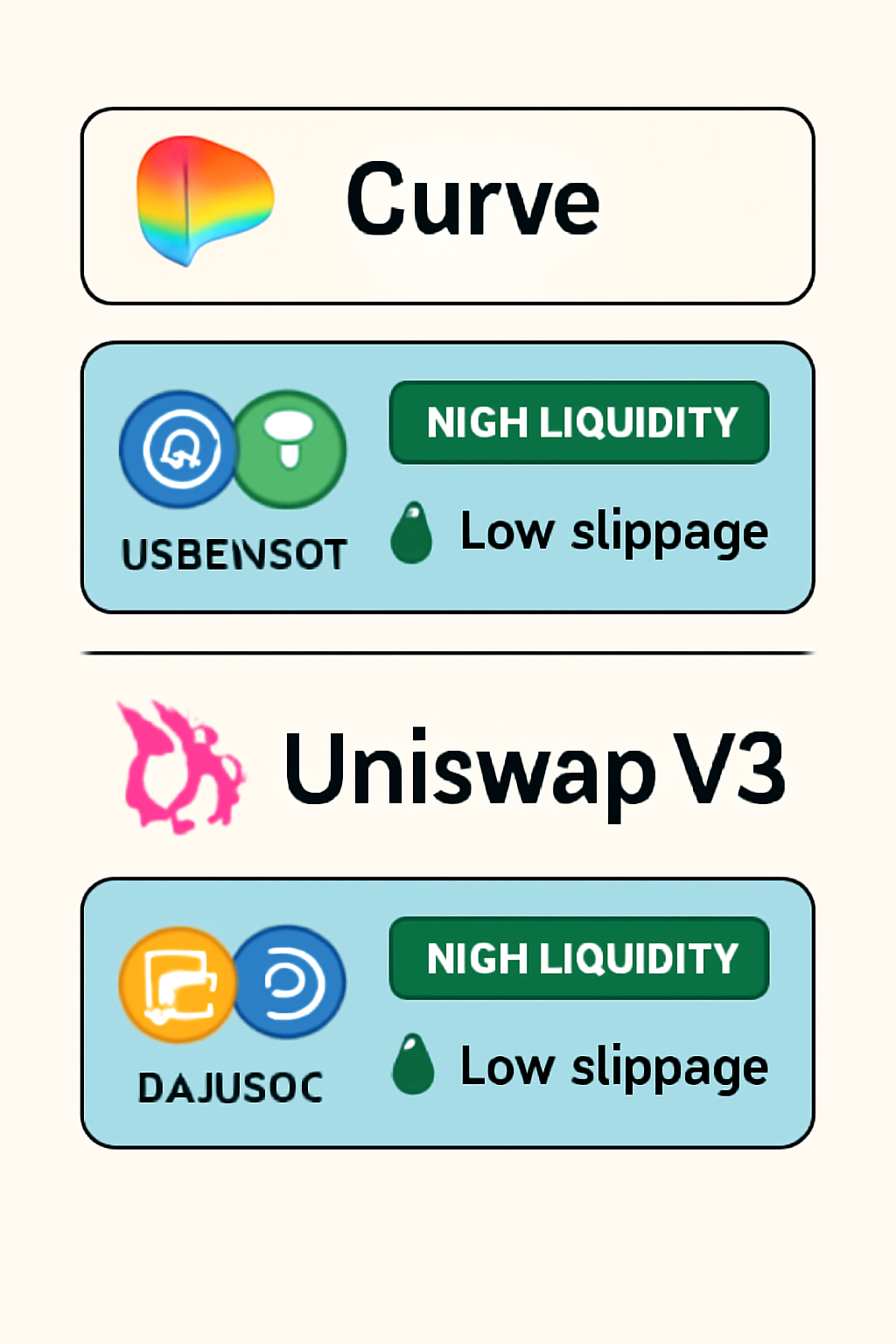 a stylized interface showing Curve and Uniswap V3 pool options, highlighting high-liquidity stablecoin pools with low slippage indicators