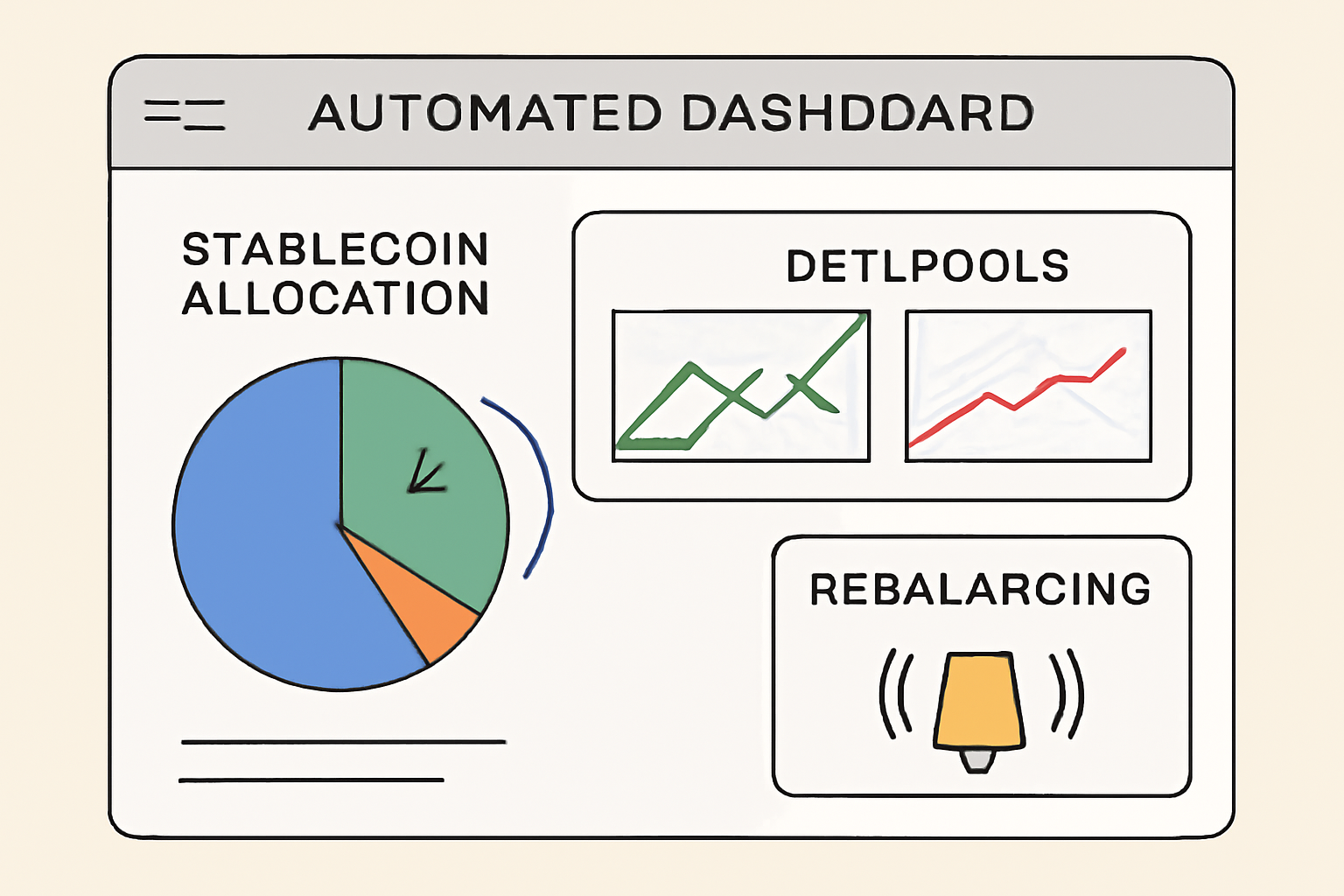 an automated dashboard with real-time graphs showing stablecoin allocations shifting between DeFi pools, with notifications for rebalancing