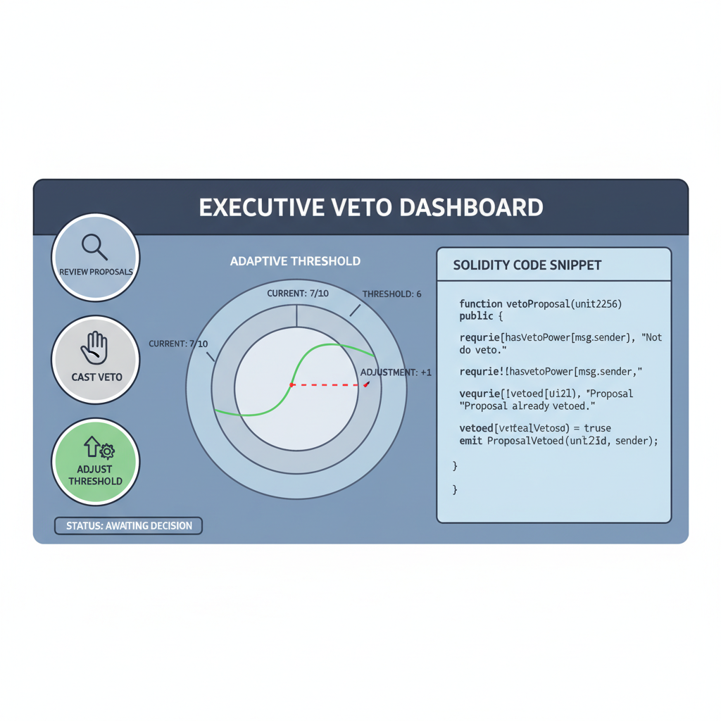 MPC executive veto dashboard with adaptive threshold graph and Solidity code snippet