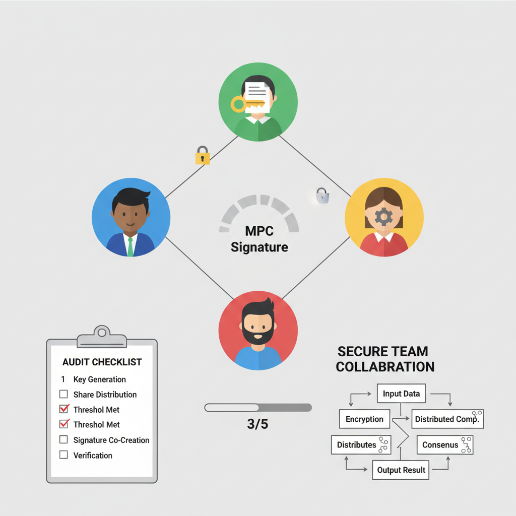 3-of-5 MPC threshold signing circle with audit checklist, secure team collaboration diagram