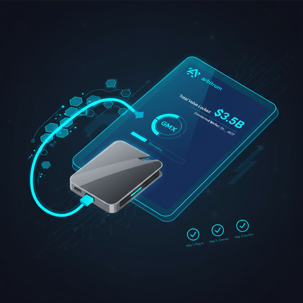 sleek crypto wallet connecting to Arbitrum GMX dashboard, neon blue tones, high-tech interface