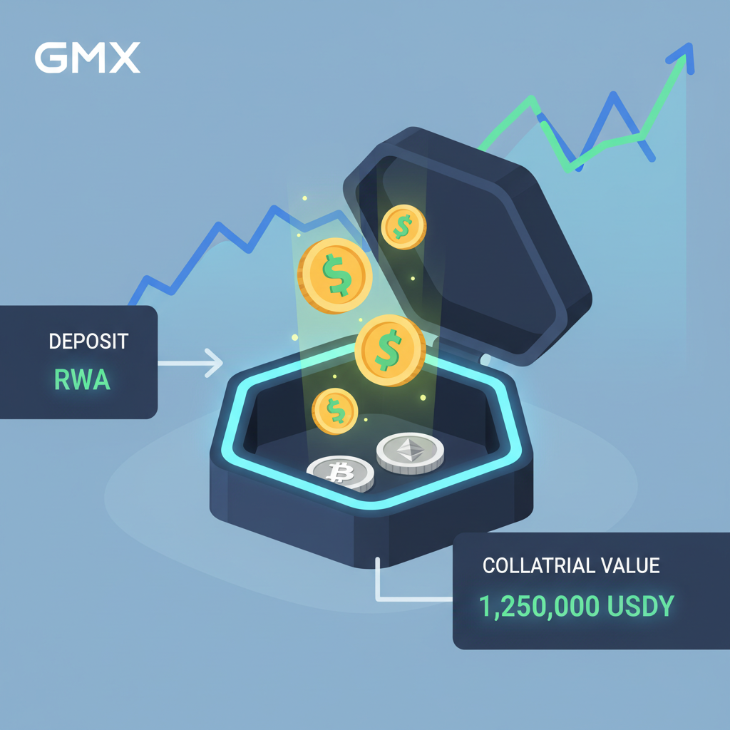GMX interface depositing glowing RWA tokens like USDY into collateral vault, charts in background