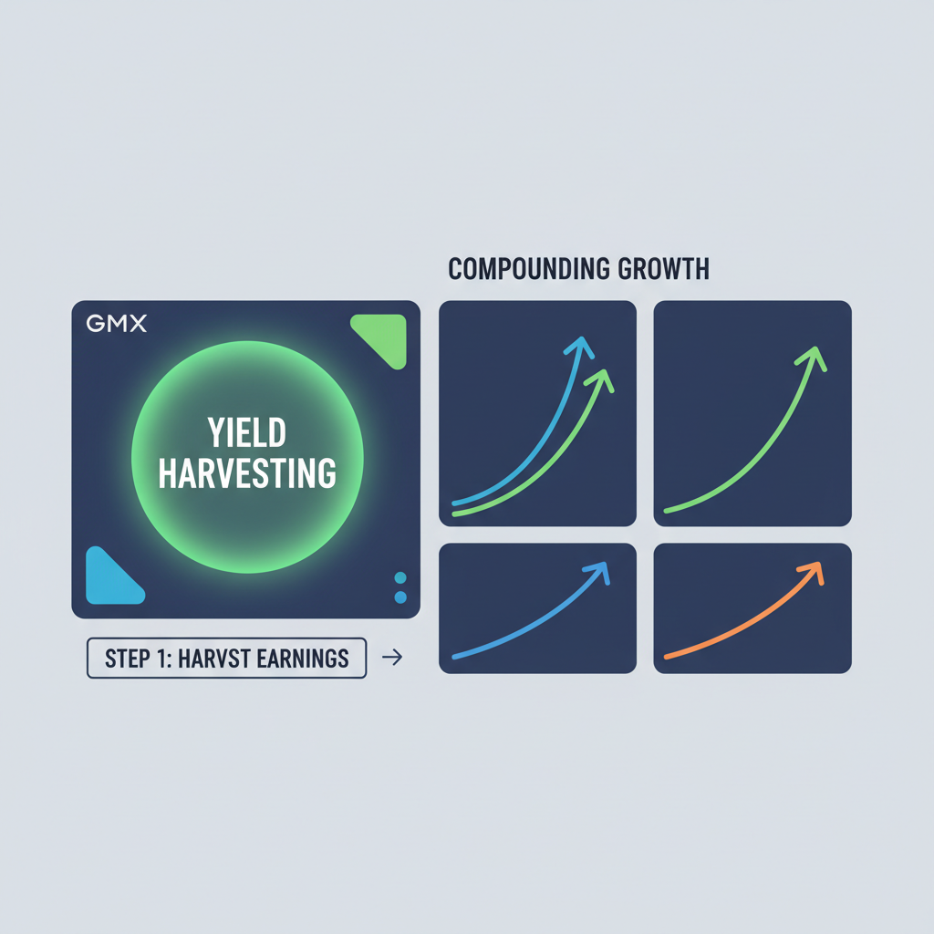 yield harvesting button glowing on GMX, compounding charts rising exponentially