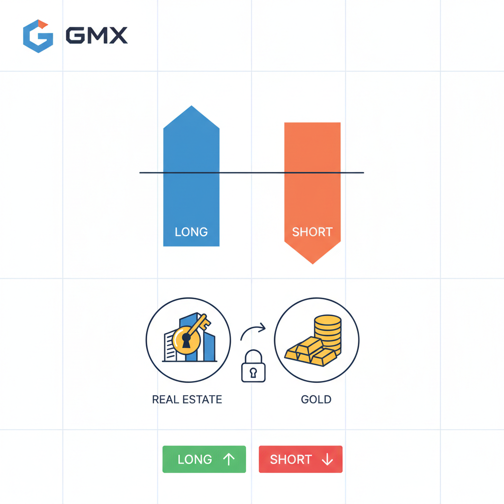 perp trading chart on GMX with long short positions balanced, RWA collateral icons