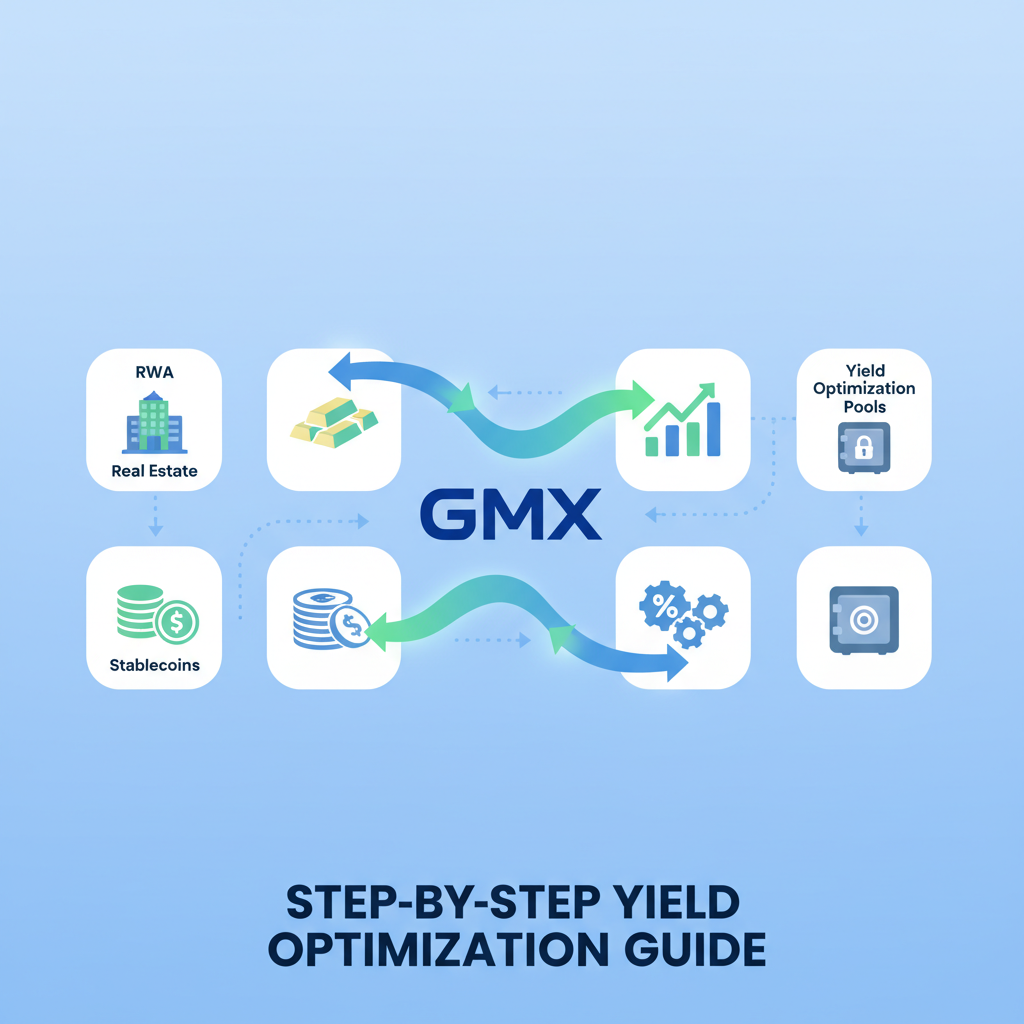 animated collateral shift arrows between RWA icons on GMX, yield optimization visualization