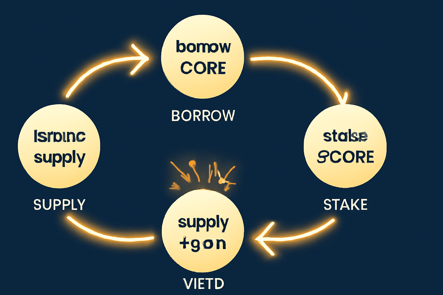 loop arrow: lstBTC supply → borrow CORE → stake stCORE → supply again, glowing cycle, yield explosion --ar 16:9