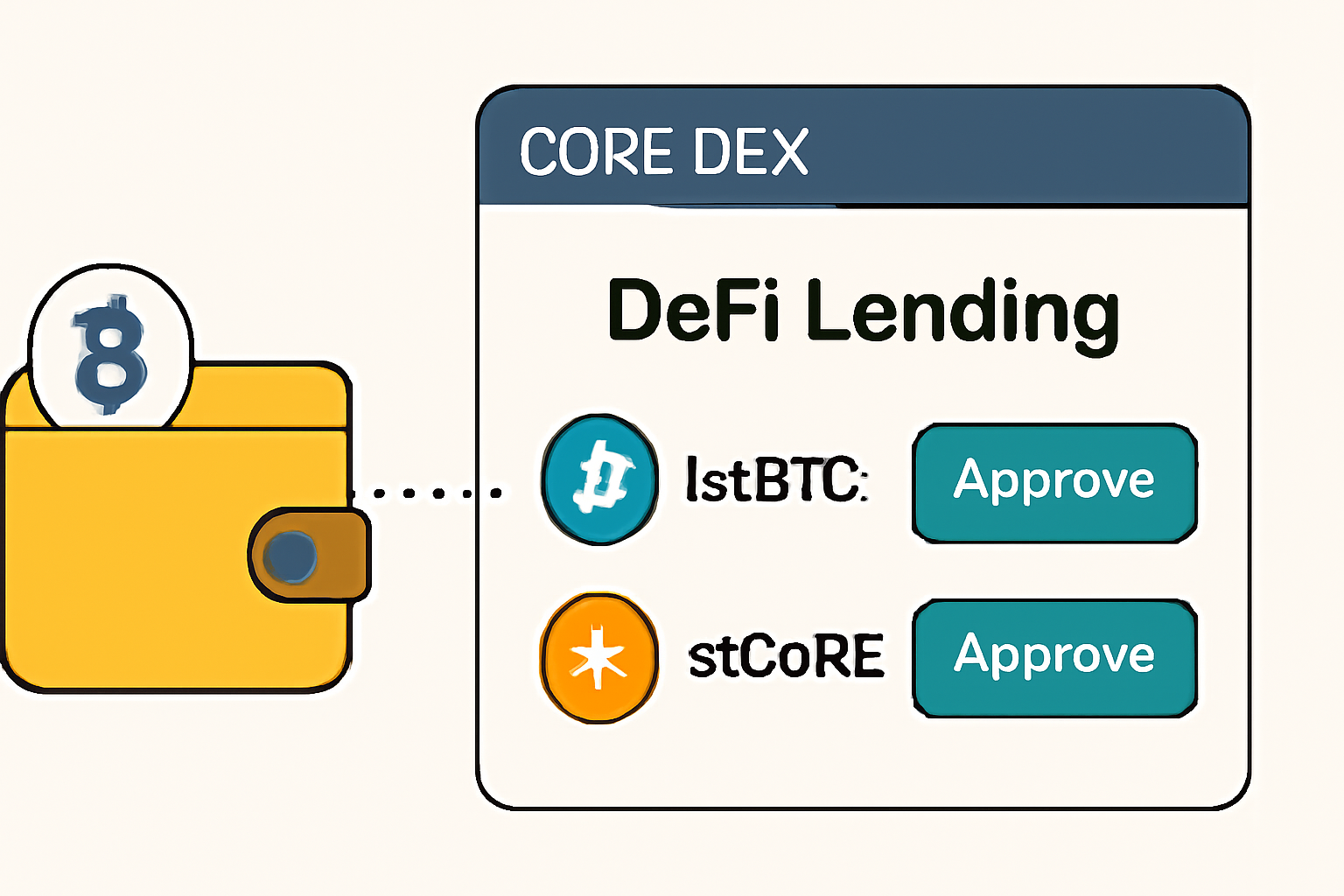 wallet connecting to DeFi lending dashboard on Core DEX, lstBTC and stCORE icons, green approve buttons --ar 16:9