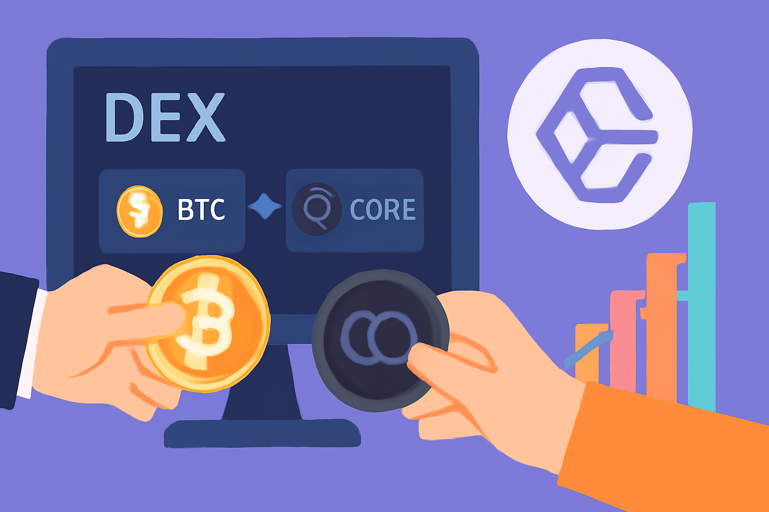 hand swapping BTC for CORE tokens on DEX screen, colorful charts rising, Core blockchain theme --ar 16:9
