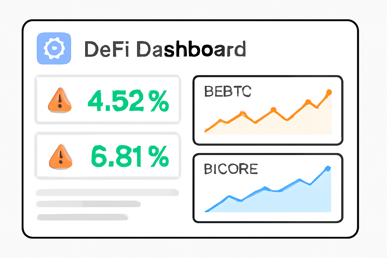 DeFi dashboard with lstBTC stCORE charts, green APY metrics, alert icons, modern UI --ar 16:9
