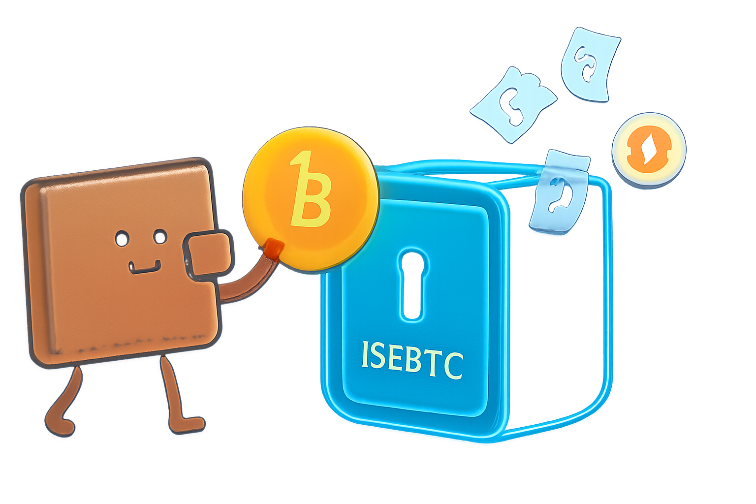 cartoon wallet depositing gold BTC coin into lstBTC vault glowing blue, Core DAO logo, yields raining, simple futuristic --ar 16:9