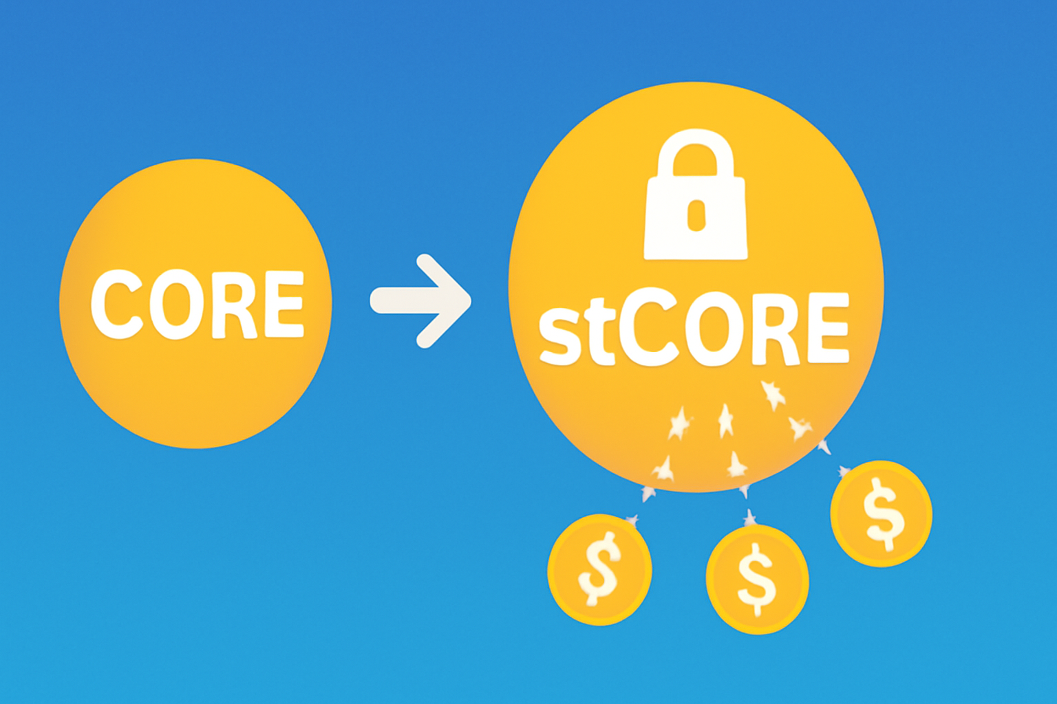 CORE token transforming into stCORE with lock icon, reward coins flowing, blue gradient background --ar 16:9