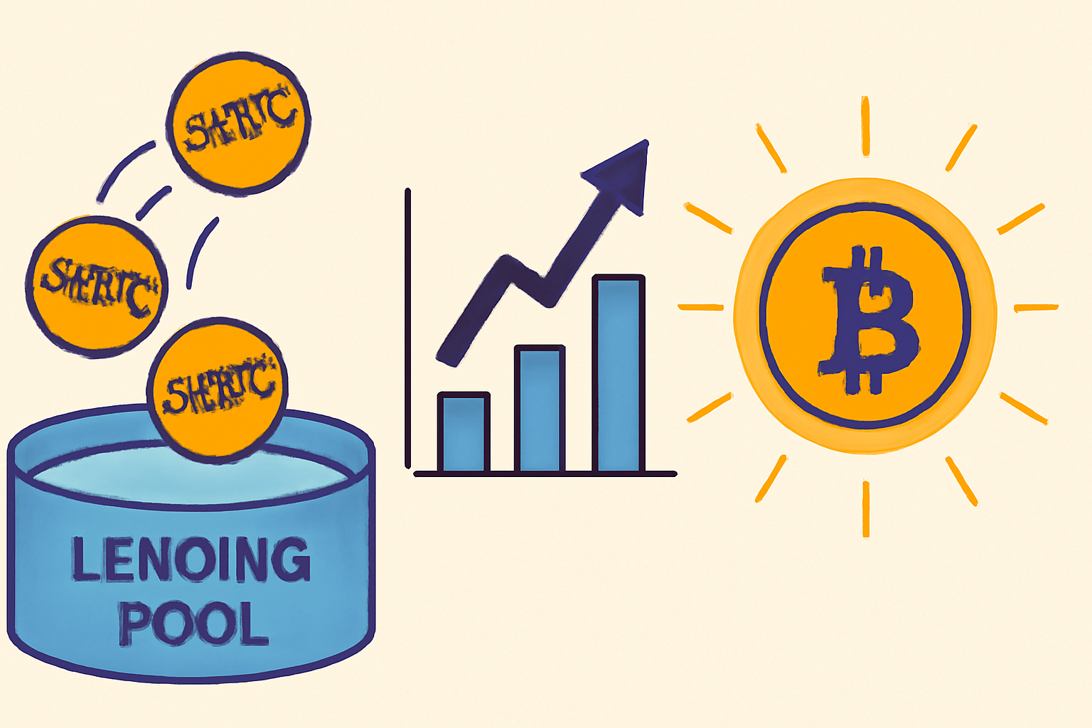 lstBTC tokens pouring into lending pool, APY charts spiking, Bitcoin yield aura --ar 16:9