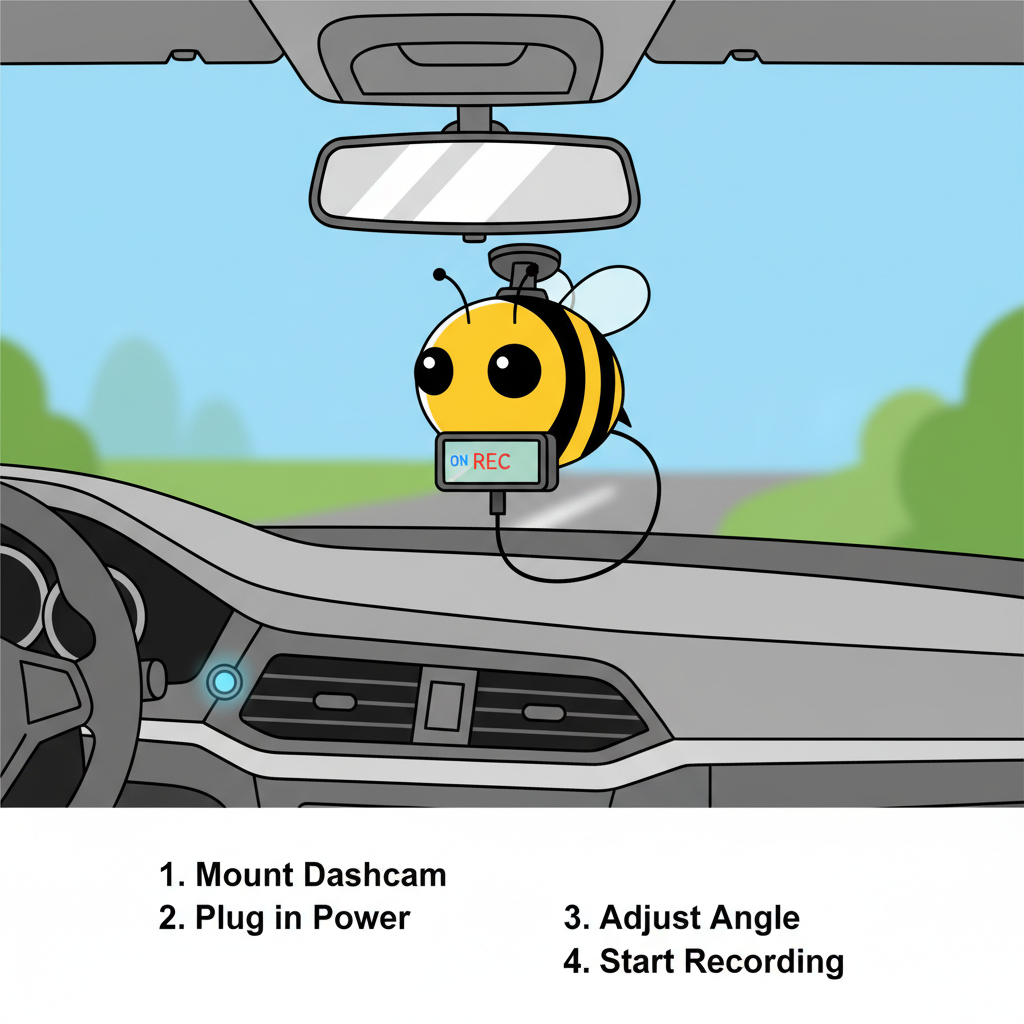 close-up of Bee dashcam mounted on car windshield, clean modern car interior, realistic photo