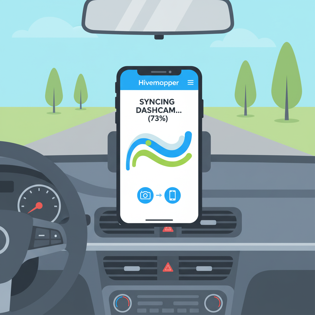 smartphone screen showing Hivemapper app syncing dashcam, dashboard view, vibrant UI