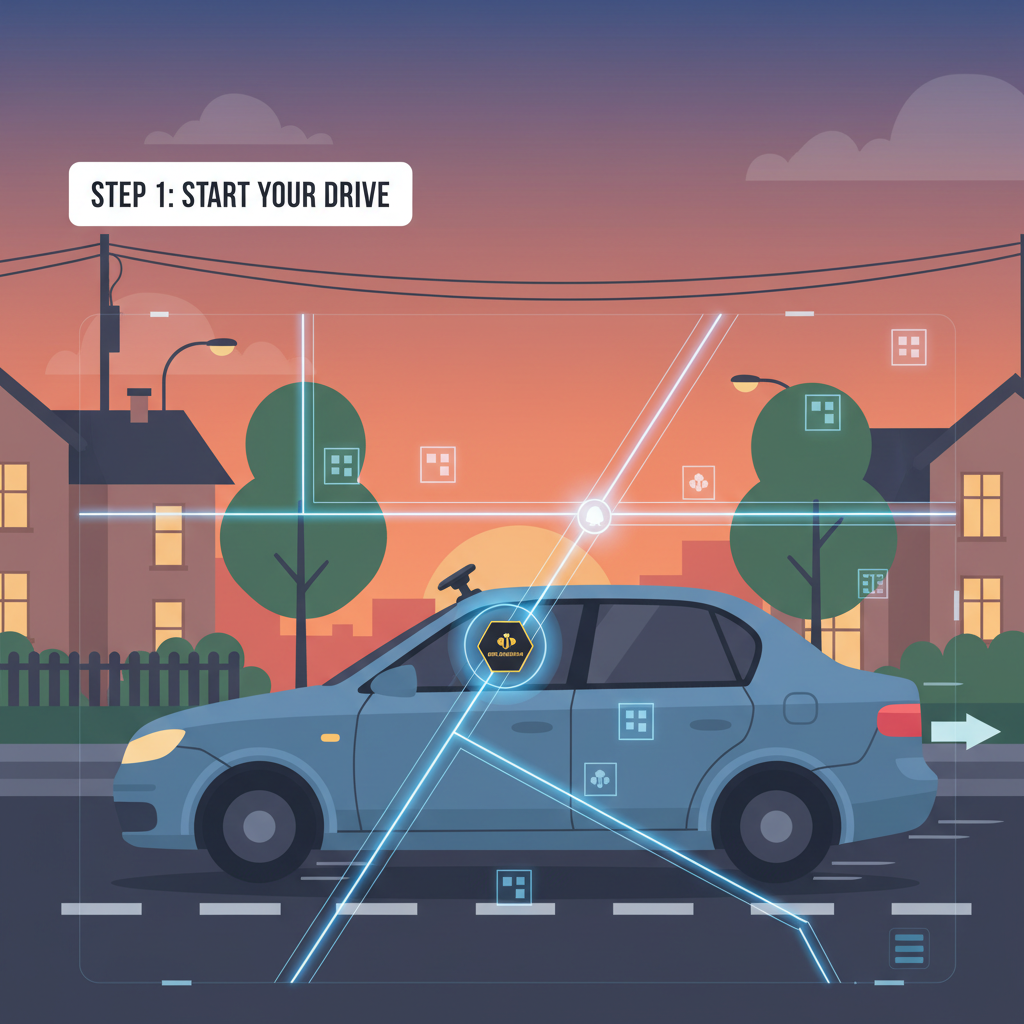 car driving on suburban street at dusk, Bee dashcam visible on windshield, mapping overlay