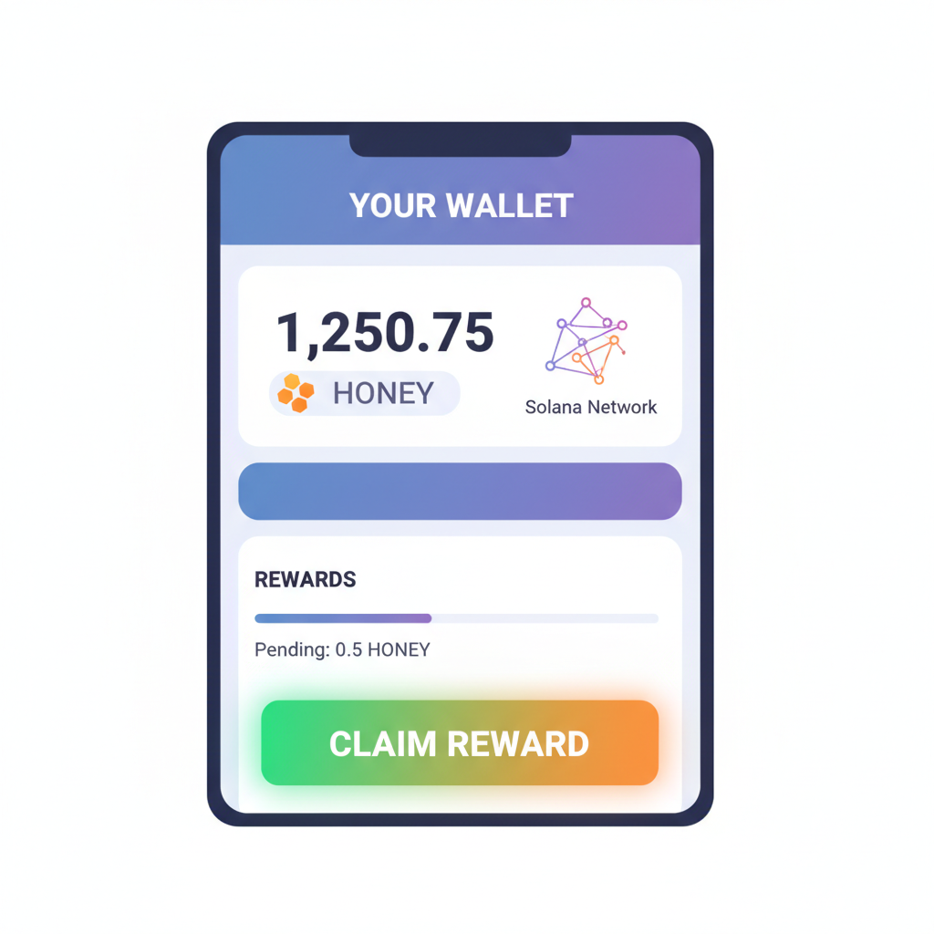 wallet screen with HONEY tokens, Solana blockchain graphic, reward claim button glowing