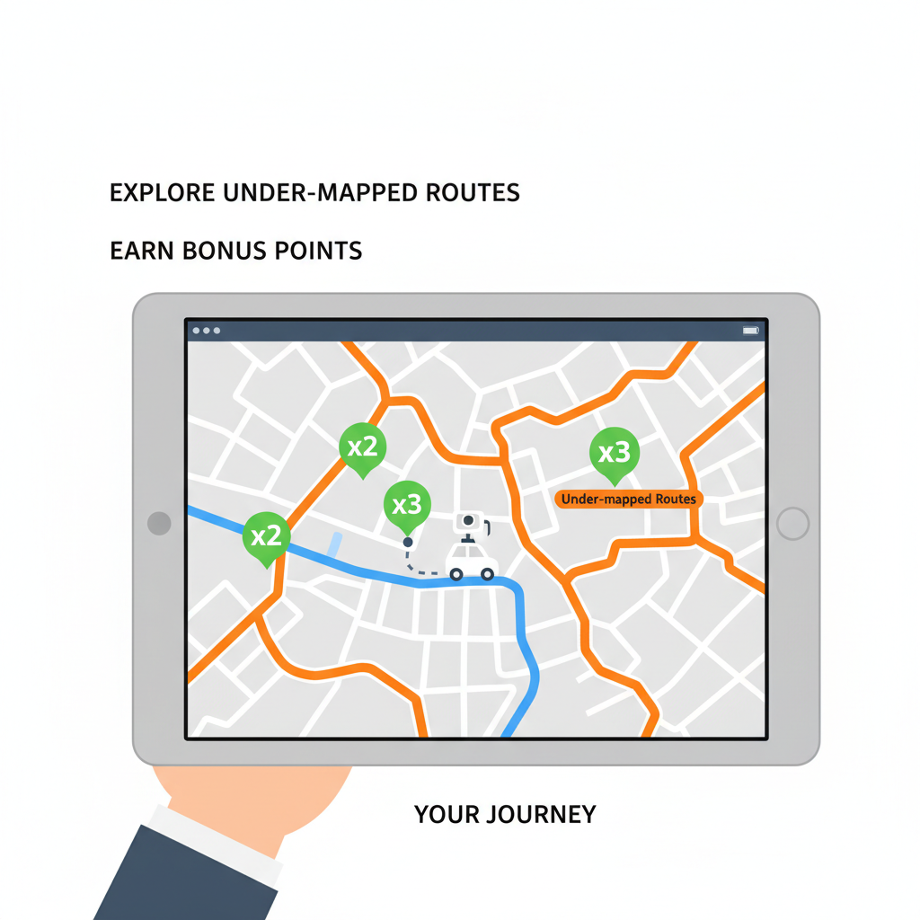 interactive map highlighting under-mapped routes, bonus multipliers icons, dashcam car icon