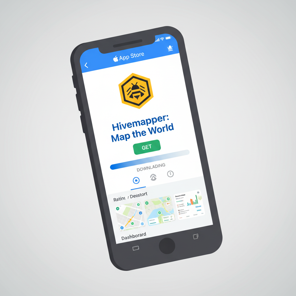 smartphone downloading Hivemapper app, clean app store interface, vibrant colors