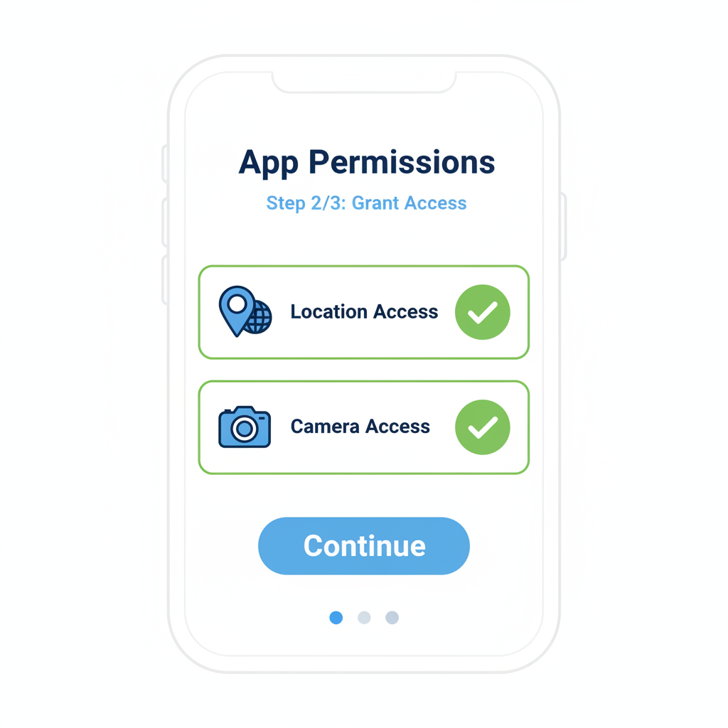 mobile app permissions screen for location and camera, green checkmarks, simple UI