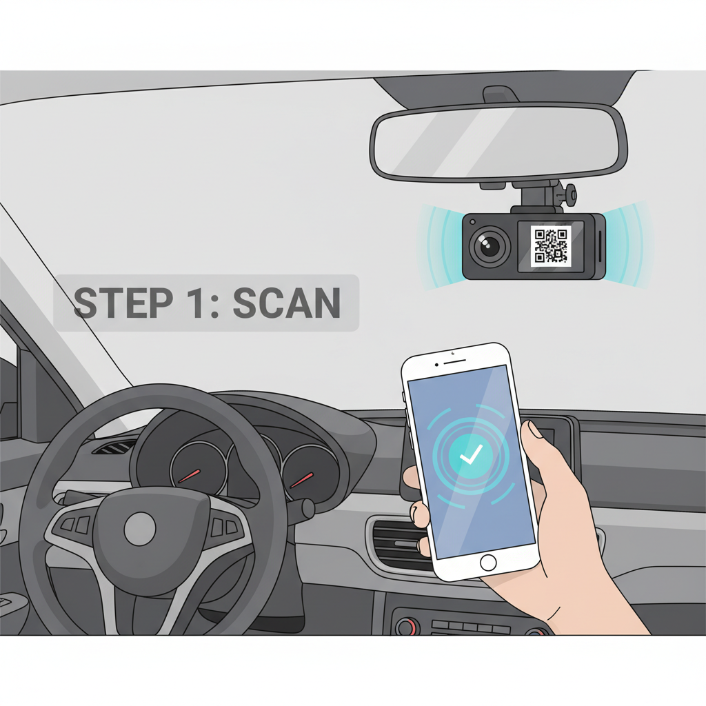 person scanning QR code on dashcam with phone, car dashboard view, tech glow