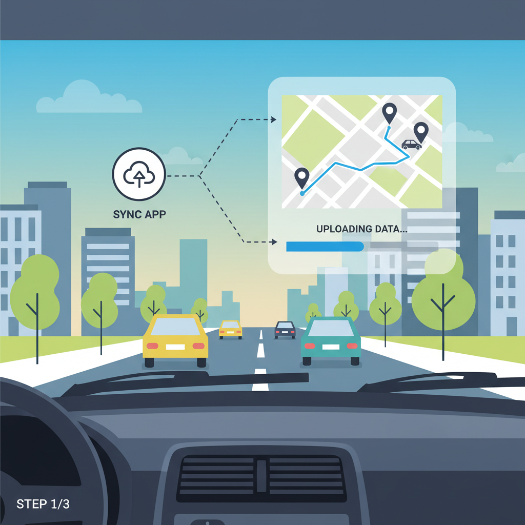 car driving city street, dashcam uploading data to app, map overlay