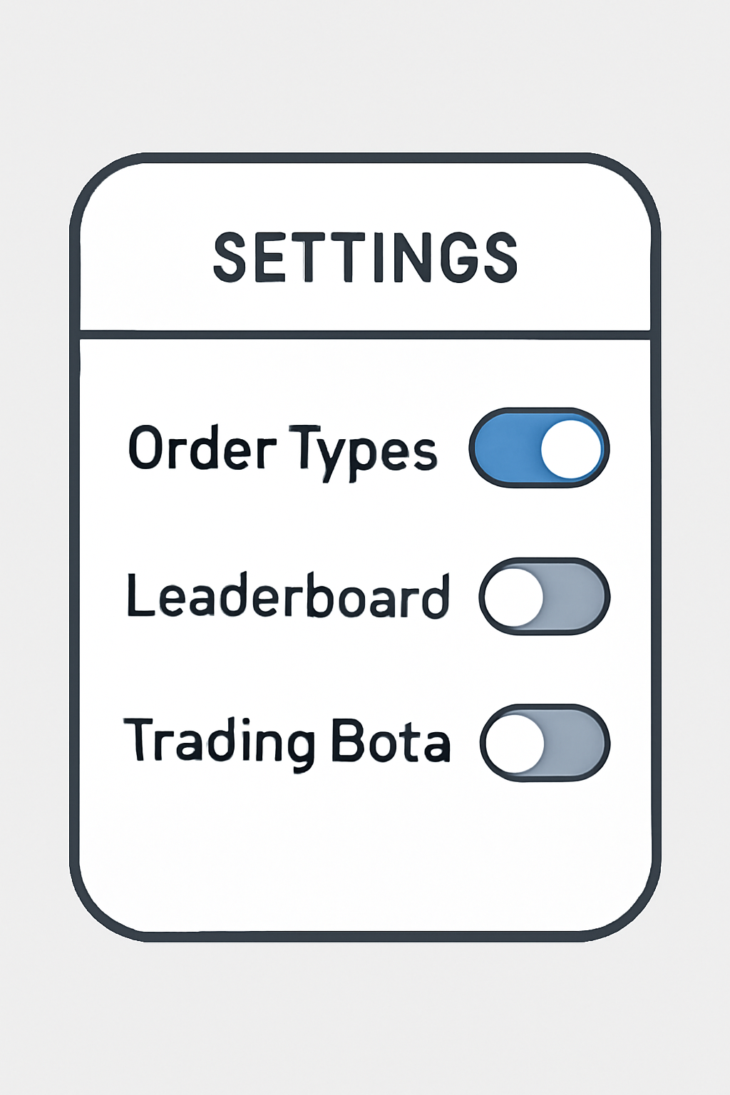 A settings panel with toggles for trading features like order types, leaderboards, and trading bots.